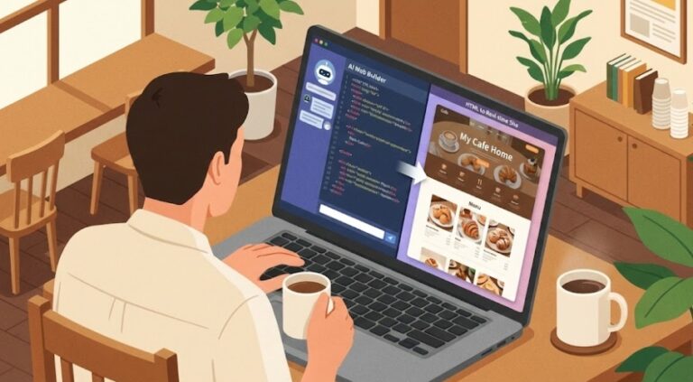 노트북 화면에서 AI 챗봇이 생성한 HTML 코드가 실시간으로 예쁜 웹사이트로 변환되는 과정을 지켜보는 카페 사장님의 뒷모습, 아이소메트릭 일러스트