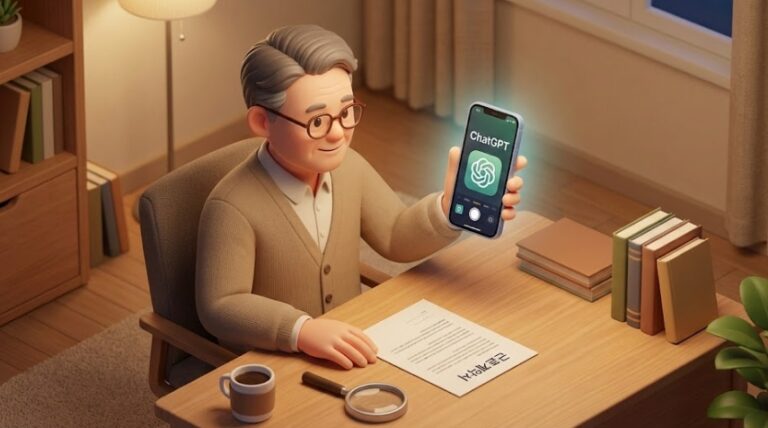 돋보기를 쓴 중년 남성이 스마트폰 챗GPT 앱의 카메라 기능을 켜서 책상 위에 놓인 종이 근로계약서를 찍고 있는 모습을 편안하고 따뜻한 분위기로 표현한 3D 아이소메트릭 일러스트
