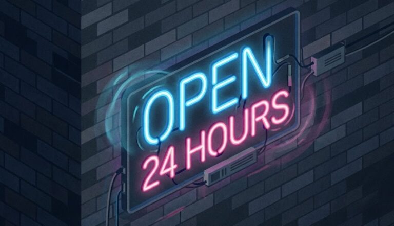 어두운 벽면에 파란색과 분홍색으로 빛나며 깜빡이는 LED 네온사인 간판 "OPEN 24 HOURS"가 설치된 모습을 복스 미디어 스타일의 아이소메트릭 플랫 디자인으로 표현한 일러스트