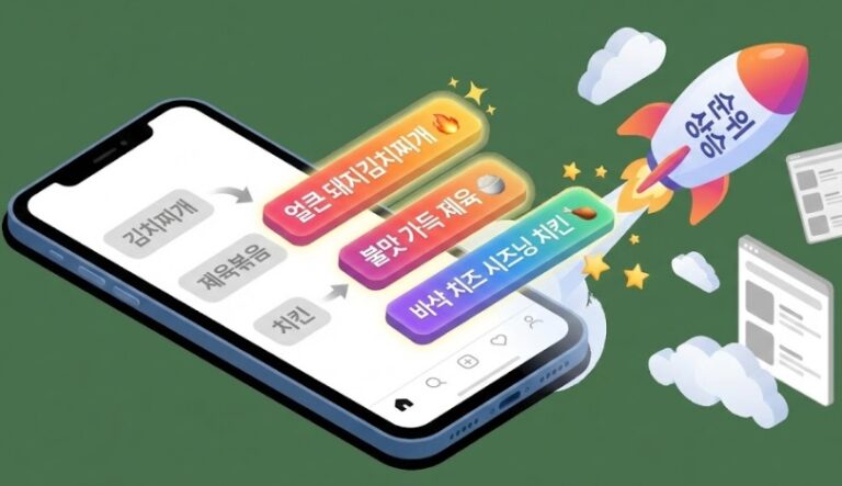 스마트폰 배달 앱 화면에서 평범했던 메뉴 이름들이 반짝이는 키워드 블록으로 바뀌면서 가게 순위가 로켓처럼 위로 상승하는 모습을 표현한 3D 아이소메트릭 일러스트