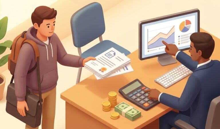 은행 창구에 앉아있는 개발자가 '재직증명서', '소득금액증명원' 등 서류 뭉치를 제출하고, 은행원이 계산기를 두드리며 금리를 상담해 주는 모습을 표현한 3D 아이소메트릭 일러스트