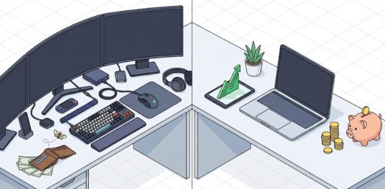 왼쪽 책상에는 고가의 모니터와 기계식 키보드가 가득하지만 지갑은 텅 비어있고, 오른쪽 책상에는 심플한 노트북과 상승하는 통장 잔고 그래프가 대조되는 2D 아이소메트릭 일러스트