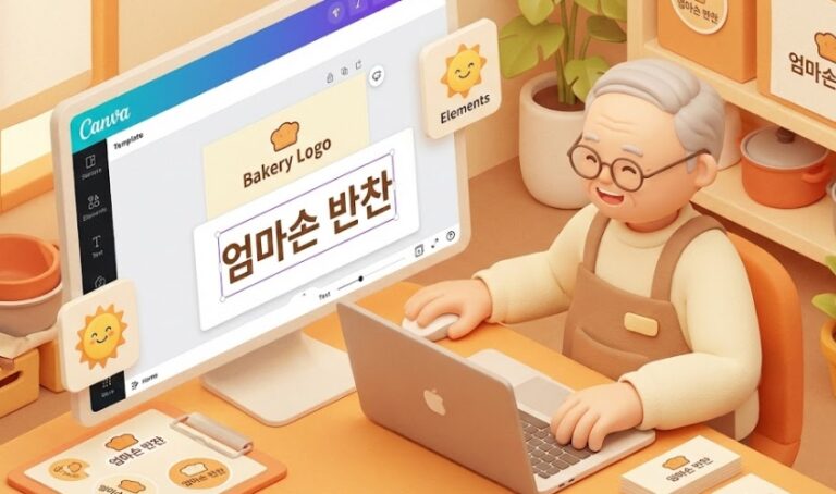 캔바(Canva) 화면 속 큰 글씨와 직관적인 아이콘을 보며 60대 사장님이 마우스로 손쉽게 '가게 이름'을 수정하고 기뻐하는 모습을 따뜻한 색감으로 표현한 3D 아이소메트릭 일러스트