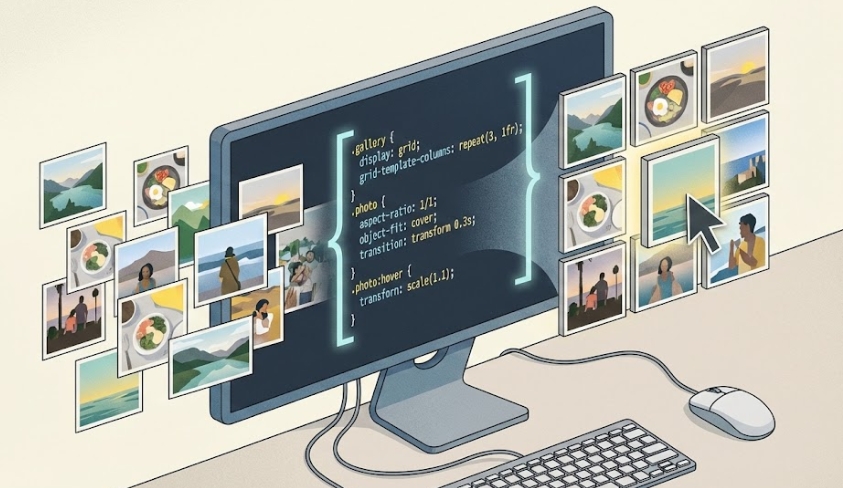 모니터 화면 속 크기가 제각각인 사진들이 CSS 코드를 통과하자 깔끔한 3x3 정사각형 그리드로 자동 정렬되고, 마우스 커서를 올리자 사진이 살짝 확대되는 인터랙션 효과를 보여주는 3D 아이소메트릭 일러스트