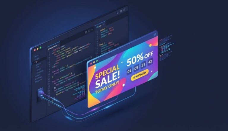 다크 모드의 코드 에디터 화면 앞에 웹사이트 메인 이벤트 팝업창 UI가 입체적으로 떠 있는 모습을 표현한 3D 아이소메트릭 일러스트