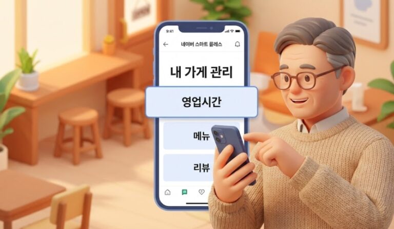 스마트폰 화면 속 '네이버 스마트 플레이스' 앱 UI가 크게 보이고, 돋보기를 쓴 중년의 사장님이 손가락으로 '영업시간' 버튼을 누르며 쉽다는 표정으로 미소 짓는 따뜻하고 직관적인 3D 아이소메트릭 일러스트