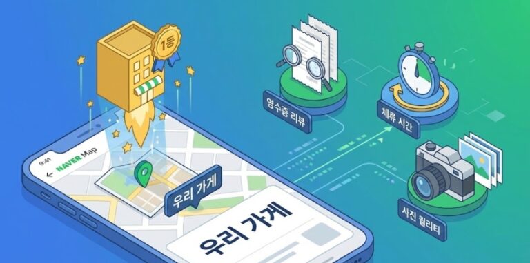 스마트폰 화면 속 네이버 지도 앱에서 우리 가게 아이콘이 금메달을 달고 1위로 솟아오르고, 배경에는 영수증, 시계(체류 시간), 카메라(사진) 아이콘이 분석적으로 배치된 3D 아이소메트릭 일러스트