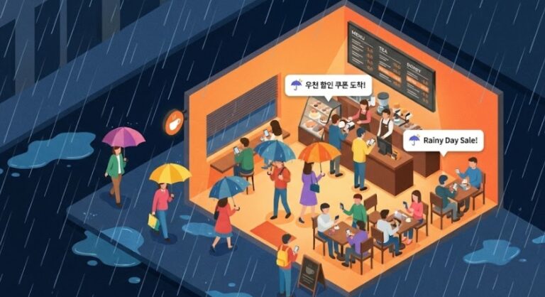비가 쏟아지는 창밖 풍경과 대조적으로, 스마트폰으로 '우천 할인 쿠폰' 문자를 받은 손님들이 우산을 쓰고 가게 안으로 들어와 북적이는 따뜻한 내부 모습을 표현한 3D 아이소메트릭 일러스트