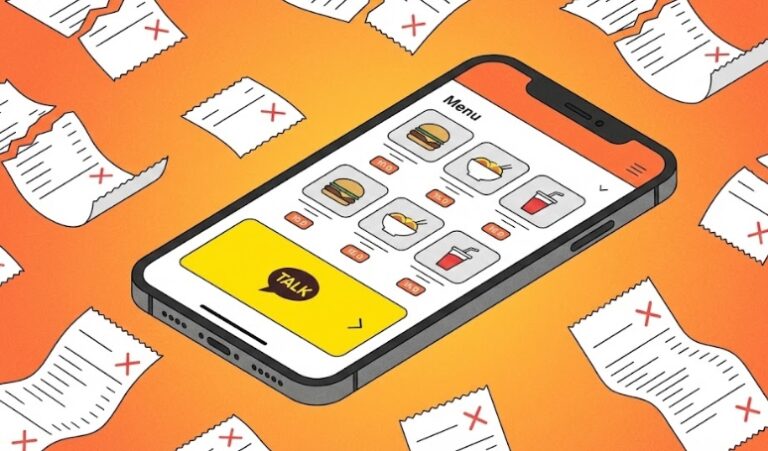 스마트폰 화면에 심플한 음식점 메뉴판과 노란색 카카오톡 주문 버튼이 보이고, 배경에는 찢어진 배달앱 수수료 영수증이 흩날리는 3D 아이소메트릭 일러스트