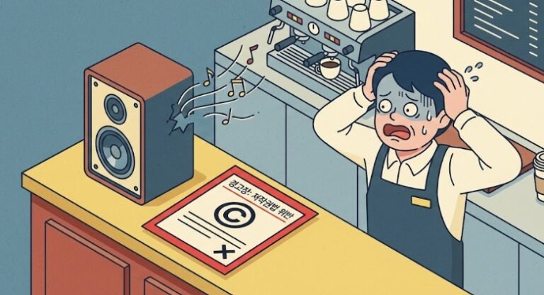 카페 매장 카운터 위 스피커 옆에 '저작권 경고장'이 놓여 있어 사장님이 당황하는 모습을 묘사한 3D 아이소메트릭 일러스트