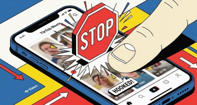 스마트폰 화면 위로 'STOP'이라는 강렬한 시각적 신호와 함께 엄지손가락이 스크롤을 멈추는 아이소메트릭 일러스트, 틱톡 릴스 후킹 디자인