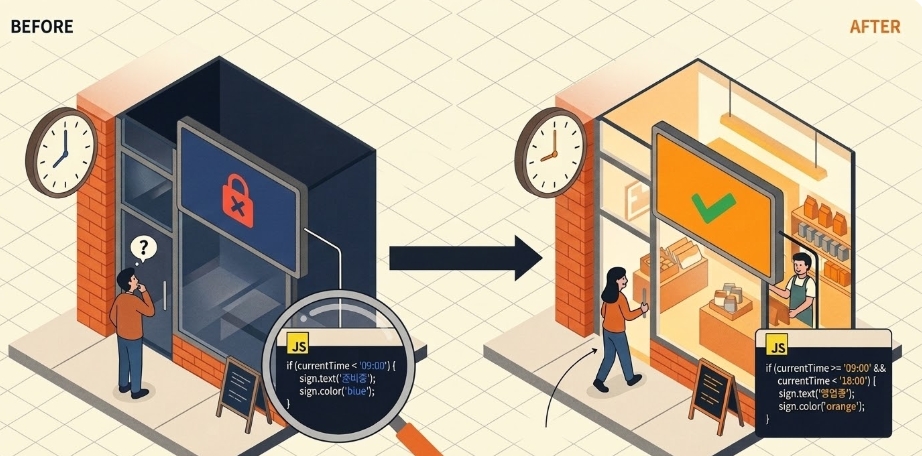 홈페이지 영업시간 자동 표시: 요일별 오픈/마감부터 임시휴업까지 HTML 완벽 세팅